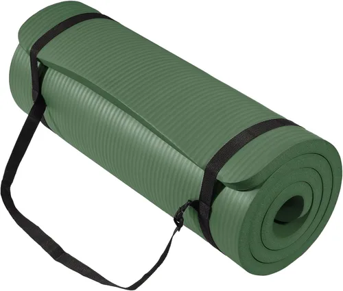 Vista 10 de Fitvids Esterilla de yoga extra gruesa de alta densidad antidesgarros de 1/2 pulgada con correa de transporte, color verde