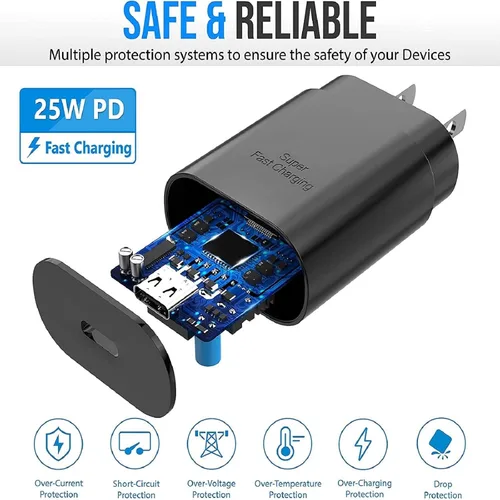 Vista 5 de Cargador Samsung de carga súper rápida de 25 W, USB C, bloque de cargador de pared con cable de carga tipo C de 5 pies, compatible con Samsung
