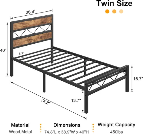 Vista 2 de VECELO Base de cama tamaño individual con cabecero, plataforma resistente con soporte de listones de metal, no necesita somier, fácil montaje, negro