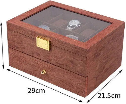 Vista 2 de Caja de reloj con 20 ranuras para reloj, 2 capas, con tapa superior de acrílico, organizador de relojes para hombres y mujeres, palo de rosa