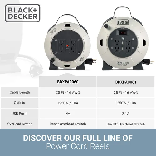 Vista 2 de BLACK+DECKER Carrete de Cable de Extensión Retráctil de 20 Pies con 4 Tomas, Extensión Multi-Enchufe, Botón de Reinicio del Disyuntor Térmico