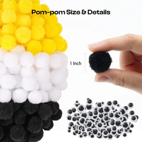 Vista 2 de Caydo 300 pompones negros con 100 ojos ondulados, bolas de pompones de 1 pulgada para niños, proyectos de arte y manualidades, actividades