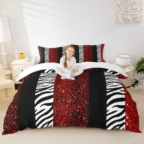 Vista 26 de Juego de funda de edredón para niños, tamaño individual, diseño de cebra y leopardo con purpurina, decoración de habitación para niñas y mujeres