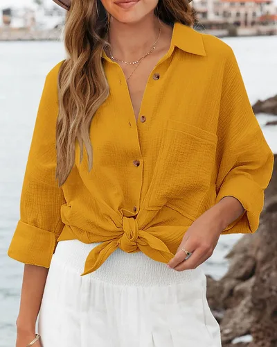 Vista 2 de NOLLSOM Camisas casuales para mujer, blusas de manga larga con botones, color liso, con bolsillo