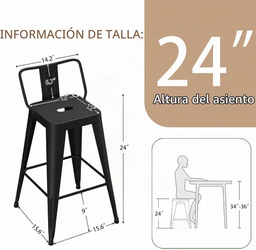 Vista 2 de Juego de 4 taburetes de bar de metal de 24 pulgadas, taburetes de altura de mostrador con respaldo extraíble, taburetes de bar negros para isla