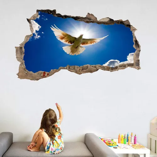 Vista 3 de Calcomanías de pared de animales 3D de paloma blanca destrozada, vinilo removible, decoración del hogar, cielo azul, impermeable, calcomanías