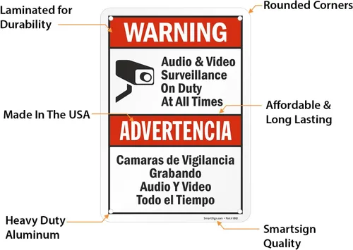 Vista 5 de SmartSign Paquete de 2 señales "Advertencia: Vigilancia de Audio y Video en Servicio en Todo Momento" Bilingüe - 7" x 10", Aluminio Metalizado