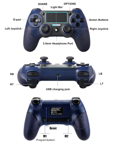 Vista 6 de TJPD Wireless Controller for PS4, Wireless Remote Gamepad with 2 Programmable Back ButtonsTurboDual VibrationTouch PadSix-axis Motion (Blue) (Blue)
