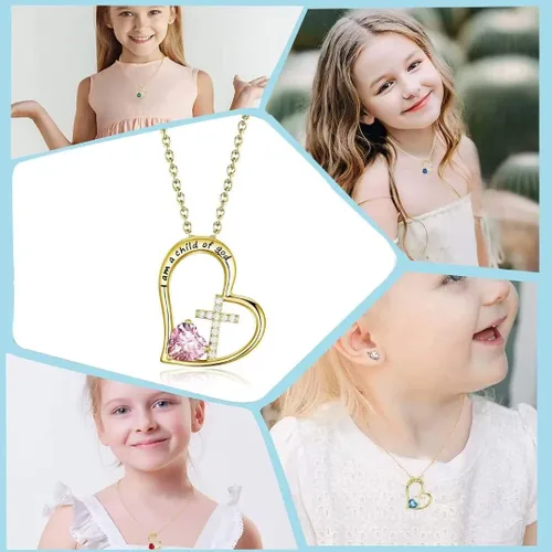 Vista 3 de BAOWING Collar de piedra natal con cruz de corazón I Am a Child of God con texto en inglés "I Am a Child of God Heart Cross, joyería, regalos