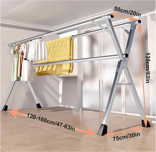Vista 5 de Tendedero plegable para interiores de 63 pulgadas, con ruedas, estante de secado de ropa portátil de acero inoxidable resistente, estante de secado