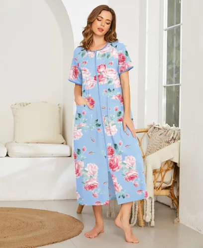 Vista 2 de Ekouaer Batas para Mujer con Cremallera Frontal Manga Corta Longitud Completa Bata de Casa con Bolsillos Ropa de Descanso S-4XL