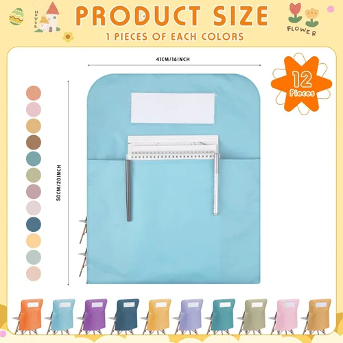 Vista 2 de 12 bolsillos para sillas de 17.3 x 20 pulgadas con ranura para etiqueta para nombre, bolsillo de almacenamiento para asiento trasero, silla de aula