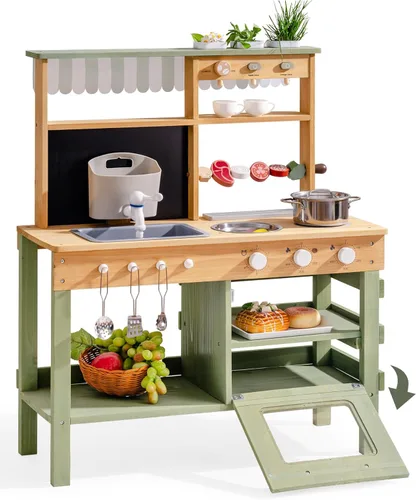 Vista 10 de ROBUD Cocina de Barro para Niños al Aire Libre, Cocina de Juego de Madera al Aire Libre, Cocina de Barro para Niños con Fregadero y Grifo