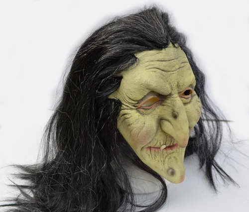 Vista 4 de Máscara de bruja de Halloween aterradora realista cosplay máscara de disfraz antiguo con cabello
