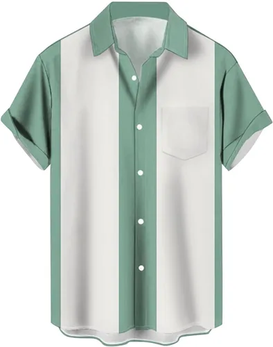 Vista 4 de Camisas de bolos para hombre, estilo vintage de los años 50, a rayas, con botones, camisa de campamento de guayabera cubana 2026, tops tropicales
