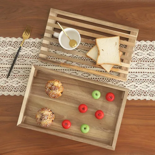 Vista 3 de Tabla de cortar pan de madera con bandeja colectora de migas, bandeja para servir 2 en 1 Tabla de pan extraíble con asas para rebanar panes