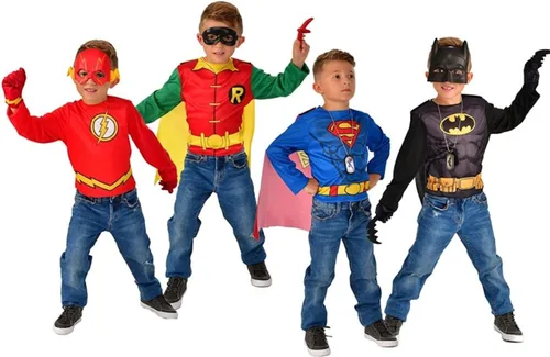 Vista 2 de Rubie's DC Comics - Juego de 21 piezas de superhéroe con Superman, Flash, Batman y Robin incluye capas, camisetas de disfraces, máscaras y accesorios