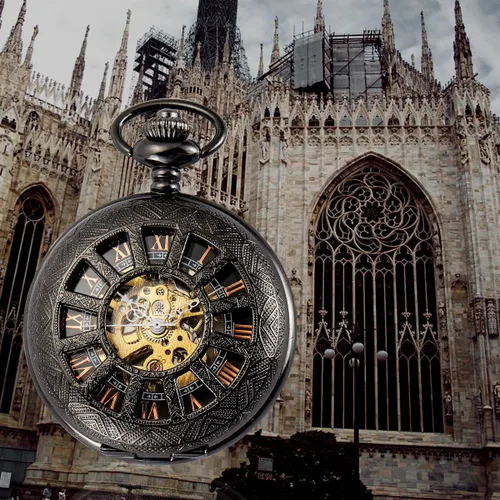 Vista 2 de SIBOSUN Reloj de bolsillo esqueleto especial 12 - Pequeño - Diseño de caja de ventana para hombre, color negro, mecánico con caja de cadena