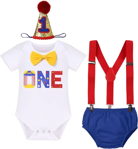 Vista 46 de IBTOM CASTLE Disfraz de carnaval de circo para el primer cumpleaños con temática de carnaval para bebé niño con tirantes y pajarita, sombrero