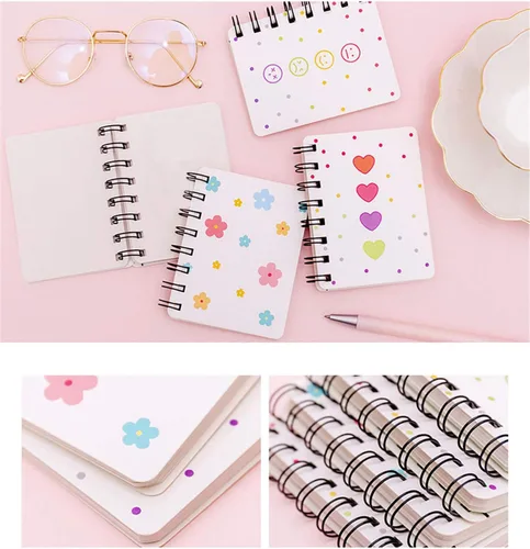 Vista 6 de Yansanido Cuaderno Pequeño en Espiral, 4 Piezas de 3.14 x 4.13 pulgadas, 4 estilos de diseño de tapa dura gruesa, páginas en blanco, 80 hojas, 160