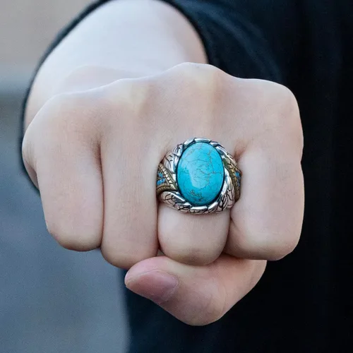Vista 2 de SKOOMEN Men's Rings in Sterling Silver, Silver Ring with Black Agate Stone, Silver Men Ring with Turquoise Stone, Handmade Statement Ring with Lapis