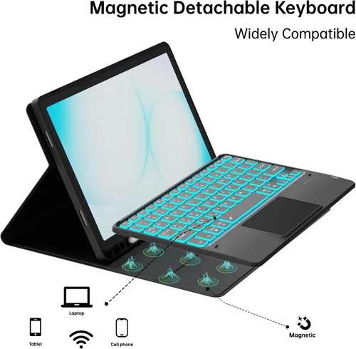 Vista 7 de Funda para Galaxy Tab A9+/A11+ de 11 pulgadas con teclado - Funda de tableta inalámbrica desmontable retroiluminada de 7 colores con panel táctil