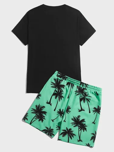 Vista 87 de GORGLITTER Conjunto de 2 piezas de camiseta gráfica de manga corta para hombre, estampado hawaiano con cordón y pantalones cortos