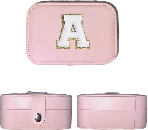 Vista 5 de Joyero con letra inicial de monograma, organizador de joyas de viaje con doble capa, regalos personalizados para mujeres, collares, aretes, anillos