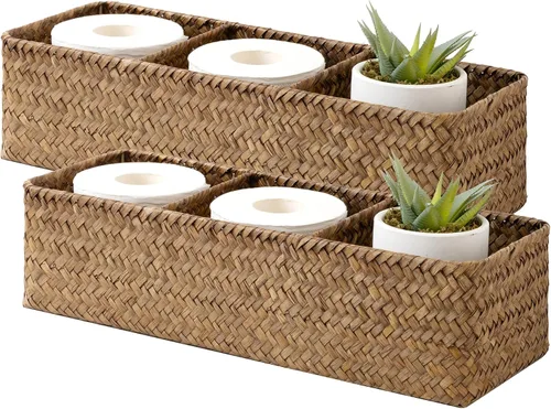 Vista 10 de StorageWorks Cestas de papel higiénico para estantes, cestas de mimbre de 3 secciones, cesta de inodoro para tapa de depósito, encimera, despensa