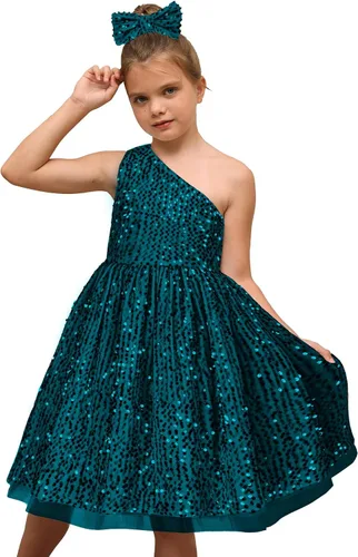 Vista 3 de GRACE KARIN Vestido de lentejuelas para niñas, vestido de fiesta brillante de un hombro con lazo para el cabello
