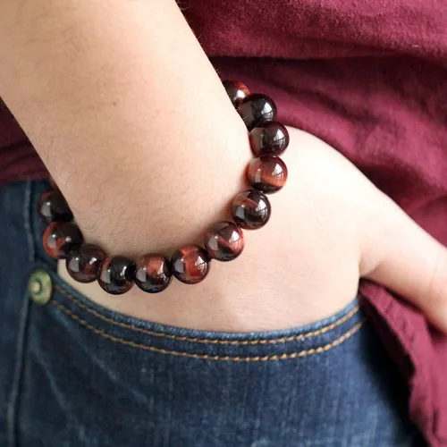 Vista 5 de Jewever Pulsera de ojo de tigre natural para hombres y mujeres, piedras preciosas elásticas, cuentas de piedra natural, 0.472in, elástica, unisex