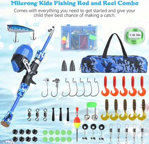 Vista 7 de Milerong Caña de pescar para niños, caña de pescar telescópica portátil y carrete combinado para niños, niñas, jóvenes, con carrete de pesca