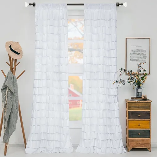 Vista 17 de Cortinas negras con volantes, 2 paneles, paneles de ventana con volantes de 12 capas, cortinas de estilo rústico para dormitorio, baño, bolsillo