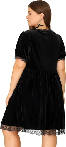 Vista 4 de Agnes Orinda Vestido de talla grande para mujer, con ribete de encaje de terciopelo, acampanado, manga corta, elegante, vestido de fiesta de cóctel