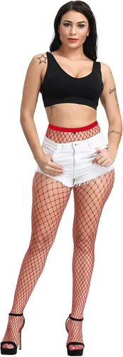Vista 4 de Pareberry Medias de red de cintura alta para mujer medias sexys con tirantes anchos medias de red para muslos