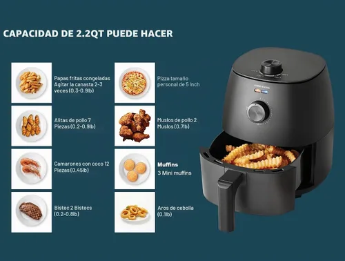 Vista 6 de Freidora de aire compacta de 2.2 cuartos de galón, antiadherente, cesta apta para lavavajillas, 1150 W, color negro