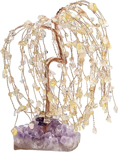 Vista 10 de Nupuyai Árbol de la riqueza de piedra de cristal de alambre de cobre con base de racimo de amatista, hecho a mano, bonsái para la buena suerte, Feng