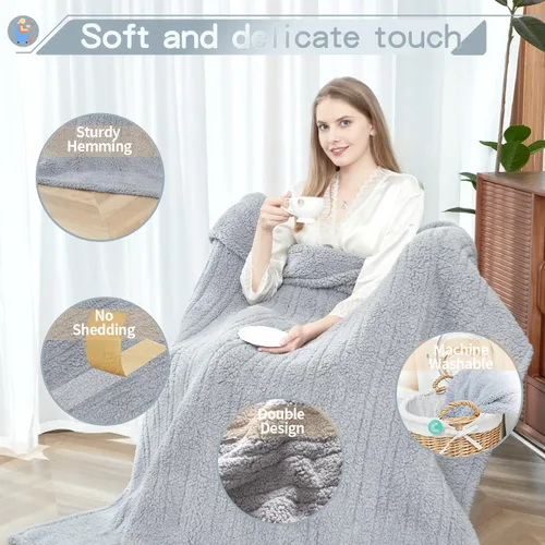 Vista 4 de Manta térmica de sherpa de doble cara, manta eléctrica de calefacción suave para cama, sistema de seguridad automático, 6 niveles de calefacción y 4