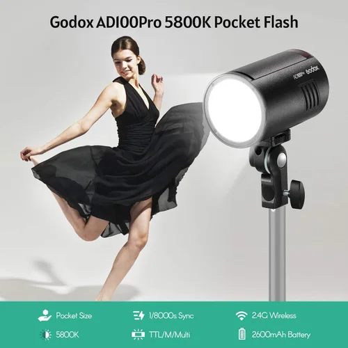 Vista 2 de GODOX AD100Pro Luz de Flash de Estudio en Bolsillo para Fotografía con Pantalla OLED 5800K 1/8000s Sync TTL/Multi/M Flash Integrado 2.4G Wireless X