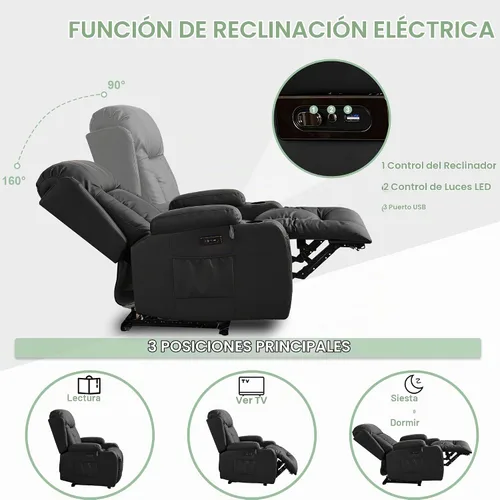 Vista 4 de TUNYI - Sofá reclinable con masaje y calor, asientos de cine en casa, sofá reclinable para RV, sofá individual con USB/soporte para vasos/bolsillo