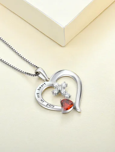 Vista 5 de YL Collar de cruz de corazón para mujer, plata de ley 925, colgante de piedra natal de Dios en mi corazón, joyería