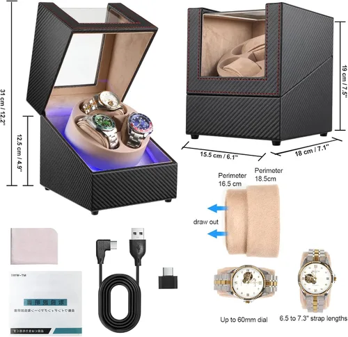 Vista 6 de Bobinador de relojes Anyasun para relojes automáticos, caja de bobinador de 3 relojes con pantalla LED, motor japonés ultra silencioso, 4 modos