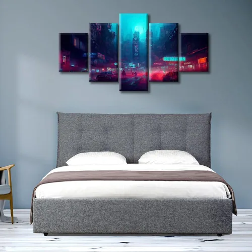 Vista 92 de Cuadros de 5 paneles de Cyberpunk City, arte de pared, representación de vallas publicitarias, edificios modernos en la capital con obras de arte