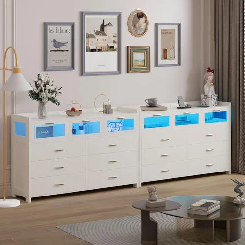 Vista 7 de Whalefall Cómoda blanca para dormitorio con 9 cajones, cómoda con luces LED y estación de carga, cómoda moderna con 3 cajones visuales, cómoda LED
