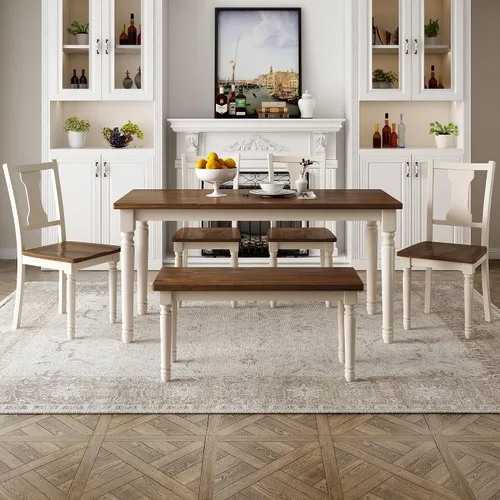 Vista 2 de LUMISOL Juego de mesa de comedor de 6 piezas con banco, juego de mesa de cocina rectangular de granja para comedor, mesa de comedor y juego de 4
