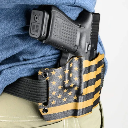 Vista 6 de Fundas OWB negras con trabillas para cinturón integradas para más de 150 pistolas diferentes. Versiones izquierda y derecha disponibles.