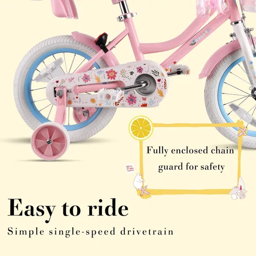 Vista 5 de RULLY 12 14 16 Inch Girls Bike for 2-7 Year Olds, Daisy Kids Bicycle with Training Wheels, Basket & Doll Seat, Retro Toddler Bike with Coaster