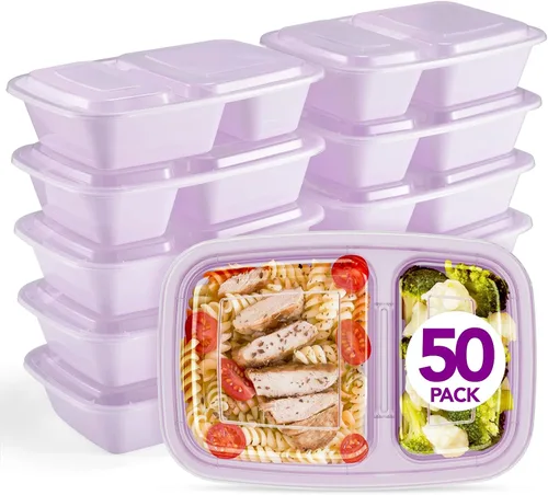 Vista 8 de Glotoch - Paquete de 50 recipientes de comida rosados con 2 compartimentos, recipientes para alimentos de 32 onzas para llevar, recipientes