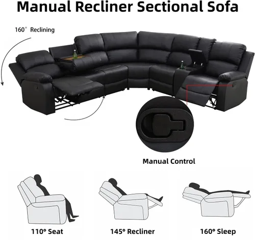 Vista 3 de Juego de sofá seccional reclinable manual, juegos de muebles de sala de estar de cuero regenerado en forma de L, sofá de esquina seccional