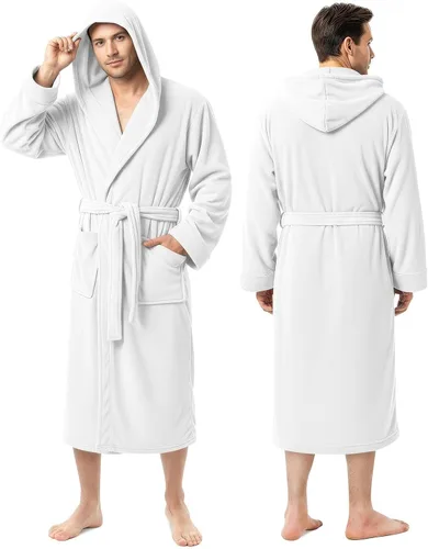 Vista 14 de NY Threads - Bata de baño con capucha para hombre de lujo, bata de baño de felpa de lujo con capucha, bata de spa para hombre Negro